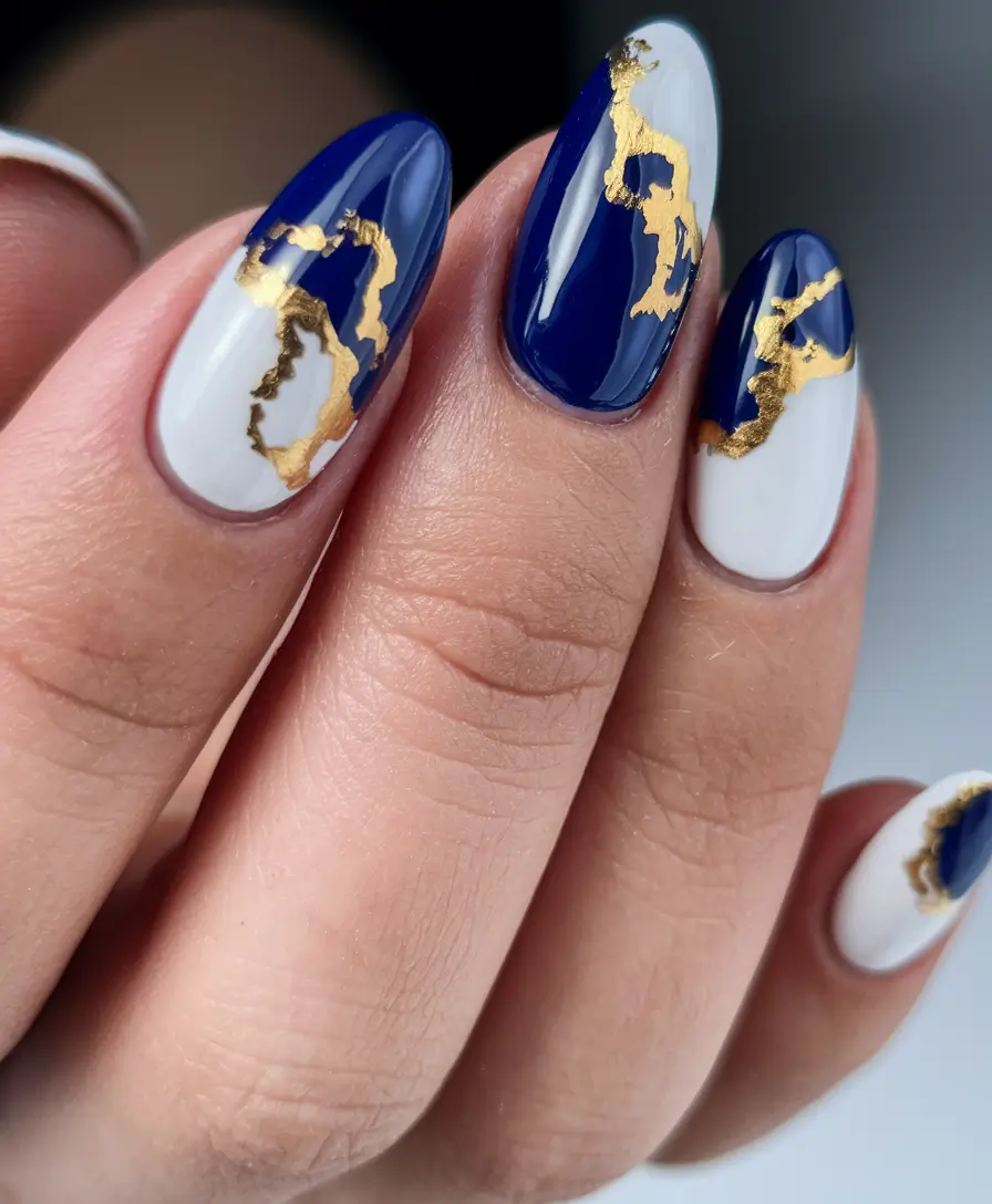 fall wedding nails for guest Royal Blue and Gold Marble