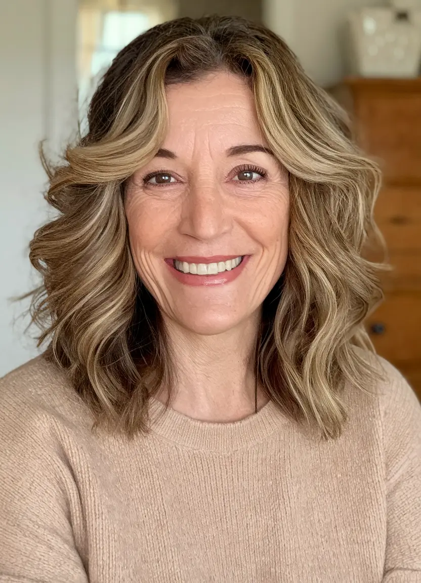 Gorgeous Fall Hairstyles for Women Over 40 Soft Layered Waves with a Middle Part