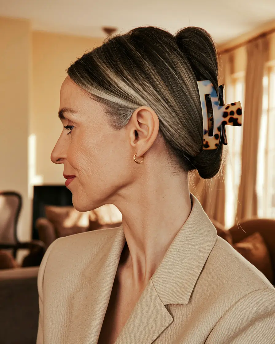 Gorgeous Fall Hairstyles for Women Over 40 Chic French Twist with Modern Hair Clip