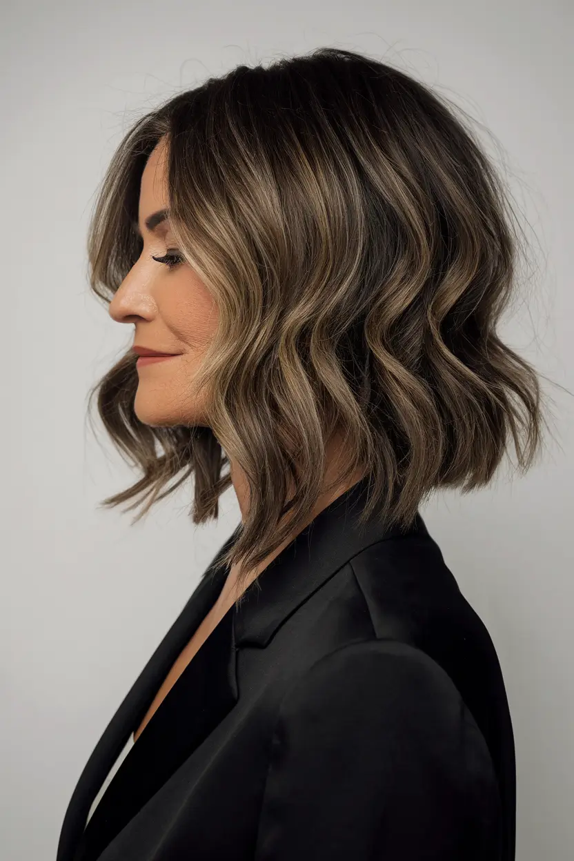 Gorgeous Fall Hairstyles for Women Over 40 Textured Wavy Lob with Ash Balayage