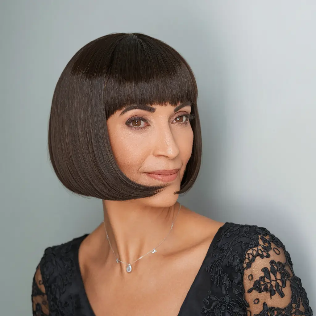 Gorgeous Fall Hairstyles for Women Over 40 Sculpted Angular Bob with Blunt Fringe