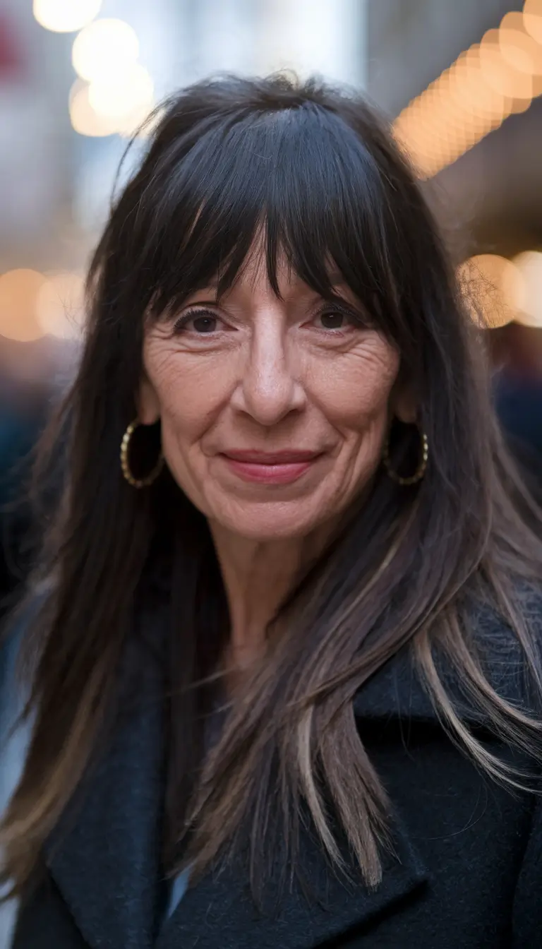 Gorgeous Fall Hairstyles for Women Over 40 Layered Long Hair with Wispy Bangs