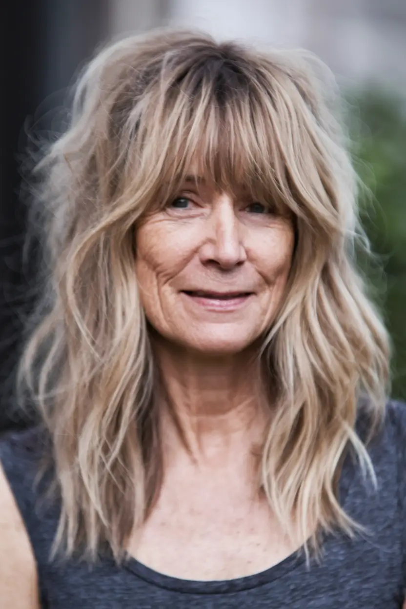 Gorgeous Fall Hairstyles for Women Over 40 Shaggy Blonde Layers with Curtain Bangs