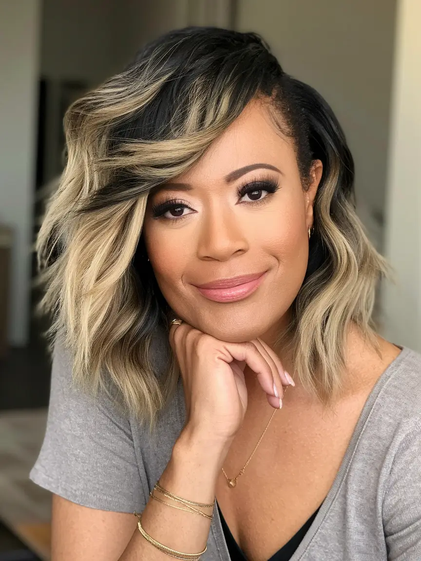 Gorgeous Fall Hairstyles for Women Over 40 Asymmetrical Lob with Blonde Balayage