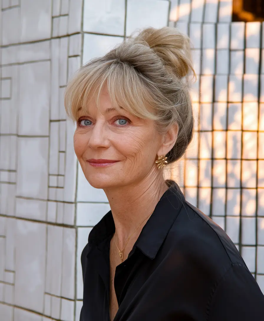 Gorgeous Fall Hairstyles for Women Over 40 Elegant Updo with Soft Bangs