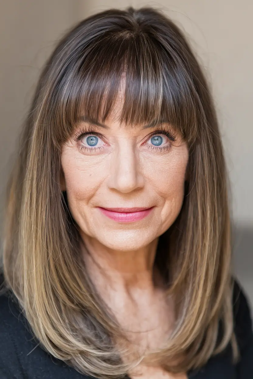 Gorgeous Fall Hairstyles for Women Over 40 Sleek Mid Length Cut with Blunt Bangs