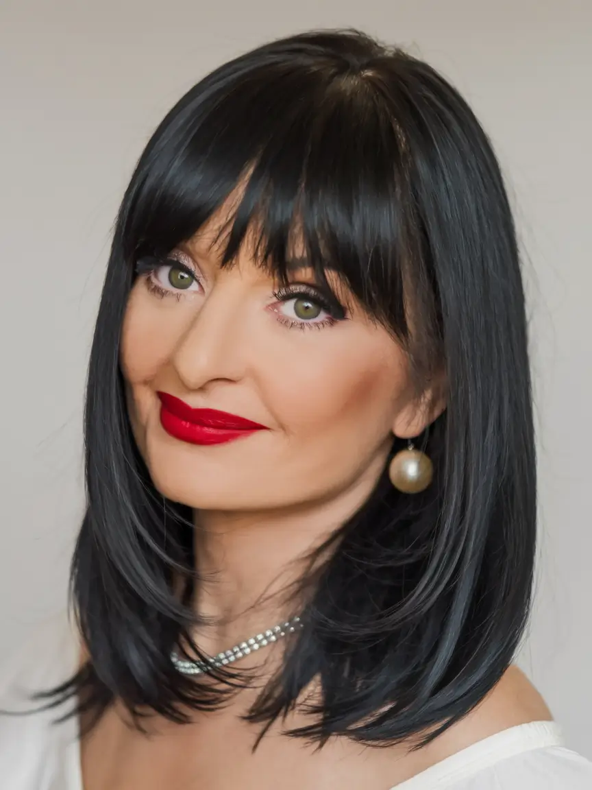Gorgeous Fall Hairstyles for Women Over 40 Glossy Black Mid Length with Side-Swept Bangs