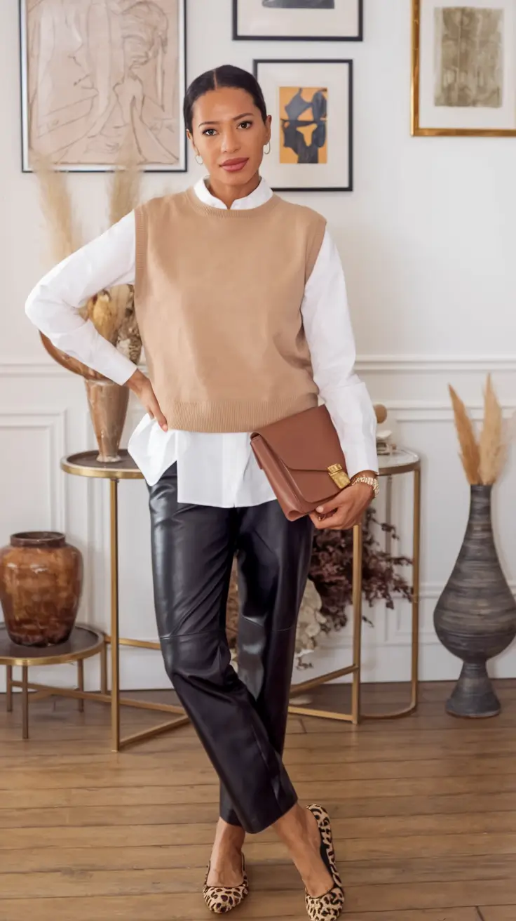 fall winter outfits work office wear Layered Neutrals with Leather Accents