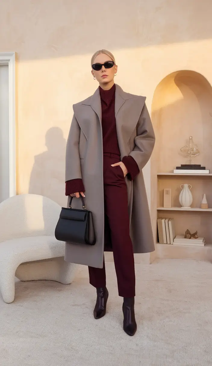 fall winter outfits work office wear Refined Neutrals with a Burgundy Twist