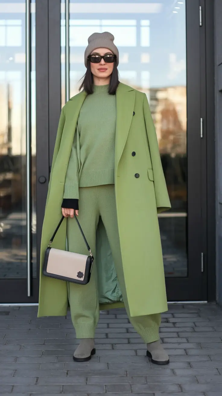 Layered Fall Outfits to Try in 2025 Monotone Green with Sporty Accents
