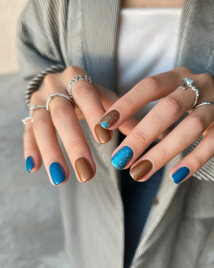 minimalist fall nails Modern Contrast with Blue and Brown