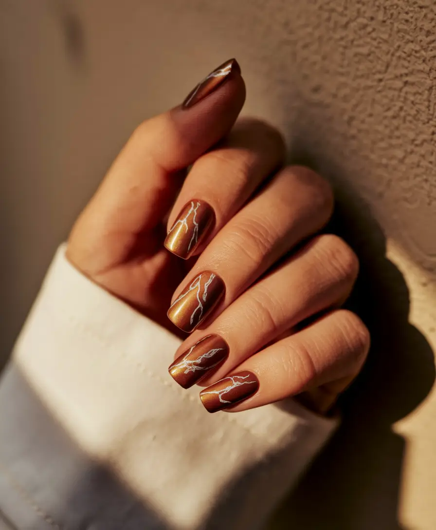 minimalist fall nails Bronzed Metallic with Linear Detail