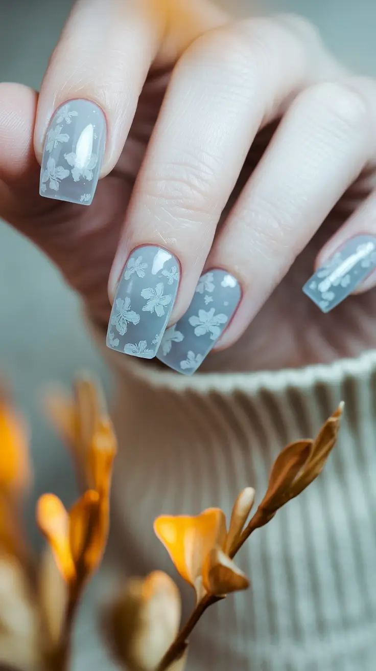 minimalist fall nails Frosted Gray Florals