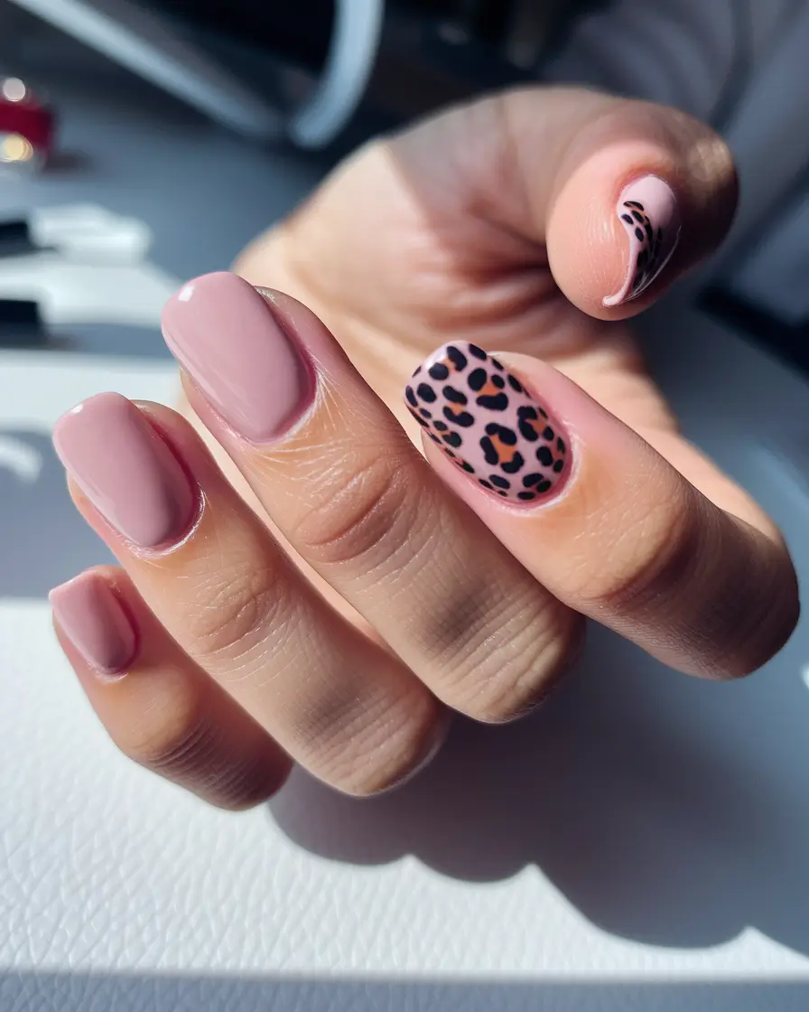 minimalist fall nails Blush Nude with Leopard Accent