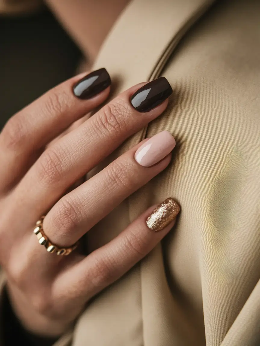 minimalist fall nails Chocolate, Nude, and Gold Trio