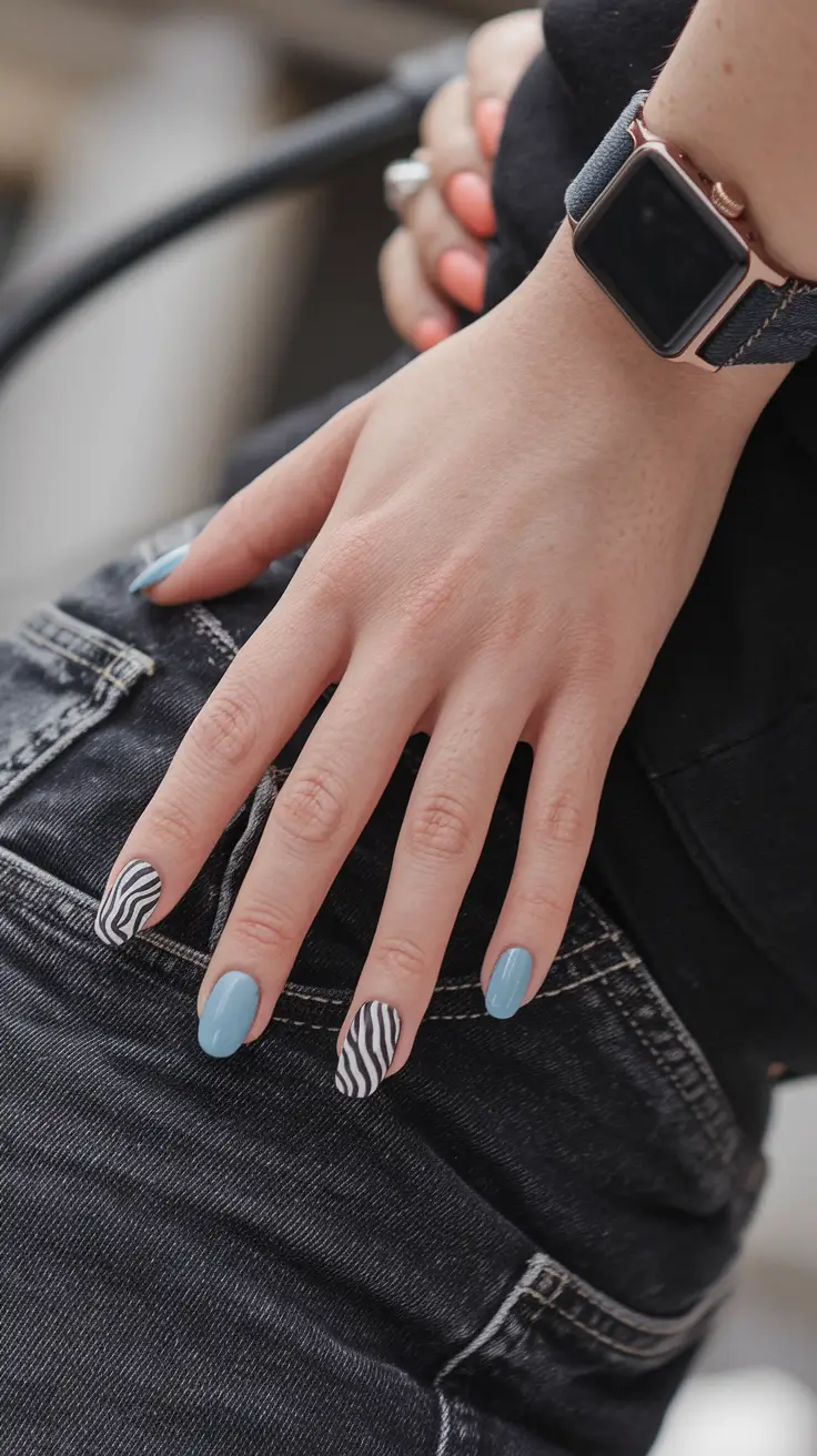 minimalist fall nails Sky Blue with Zebra Accents