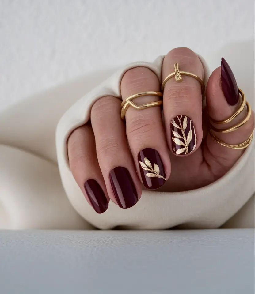 minimalist fall nails Deep Burgundy with Golden Accents
