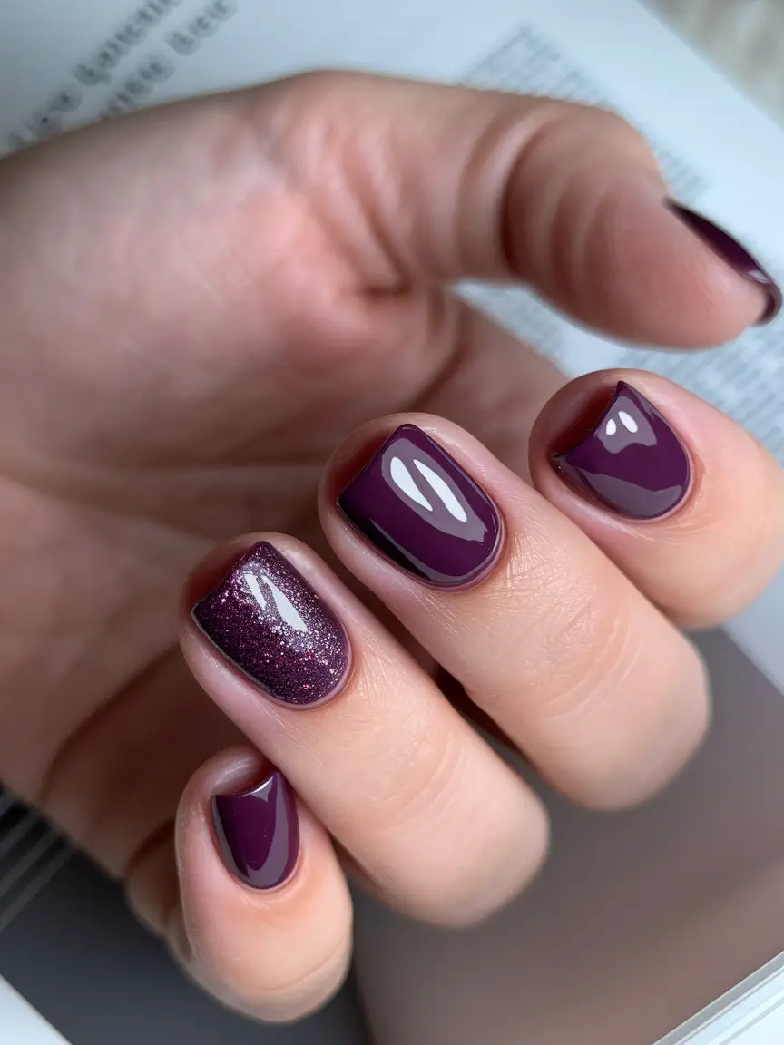 minimalist fall nails Deep Plum with Glitter Accent