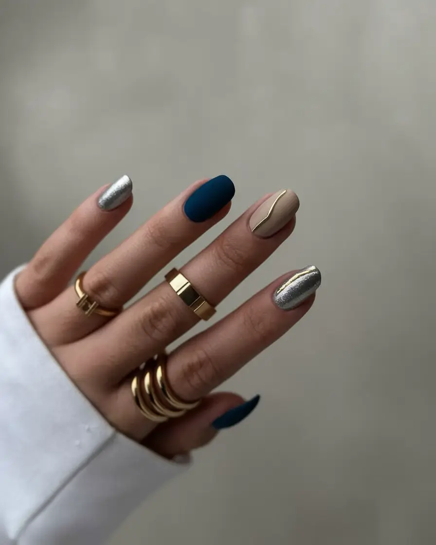 minimalist fall nails Matte Navy with Metallic Touch