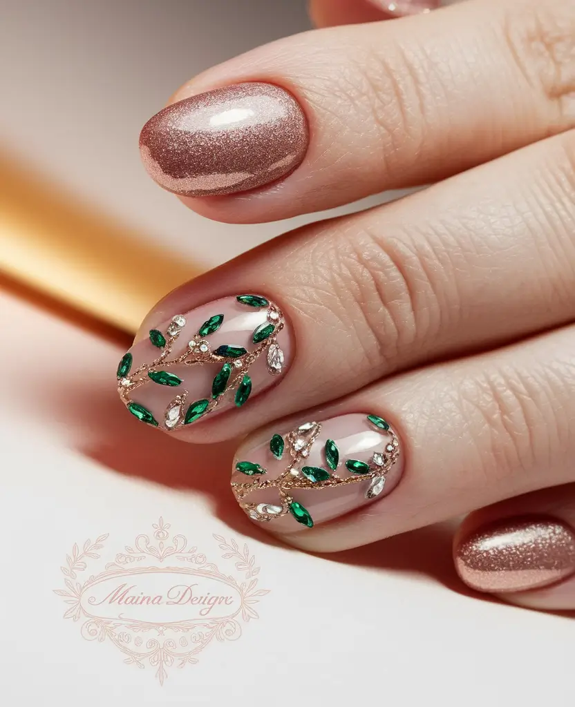 minimalist fall nails Emerald Accents with Nude Elegance