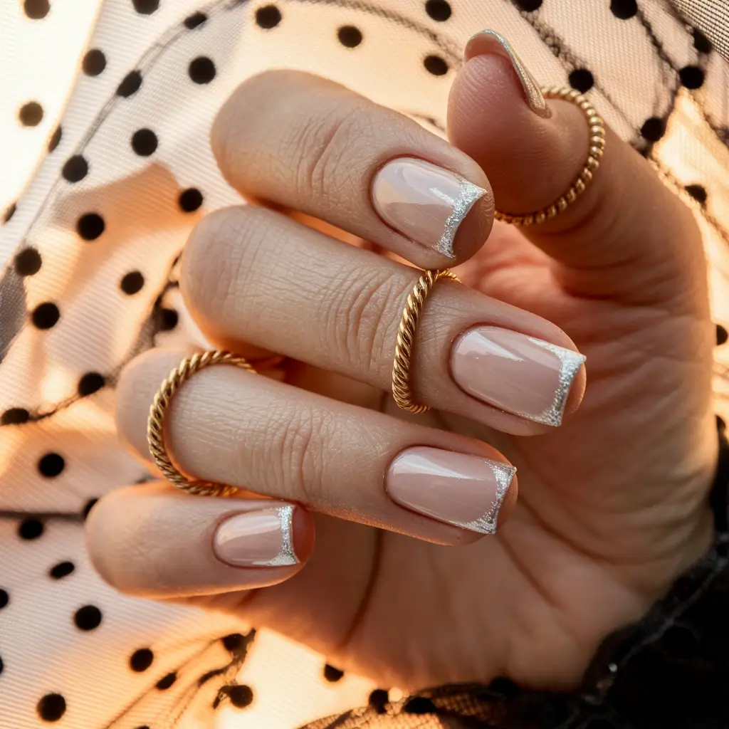 minimalist fall nails Subtle French with Silver Sparkle