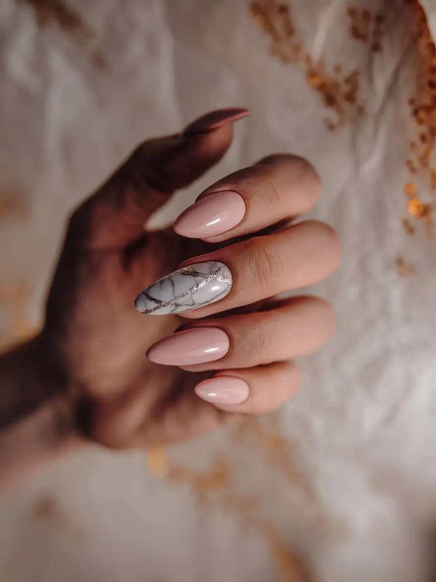 minimalist fall nails Soft Nude with Marble Accent