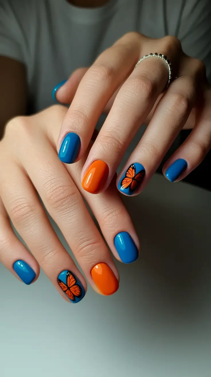 september nails color ideas 2025 blue orange butterfly