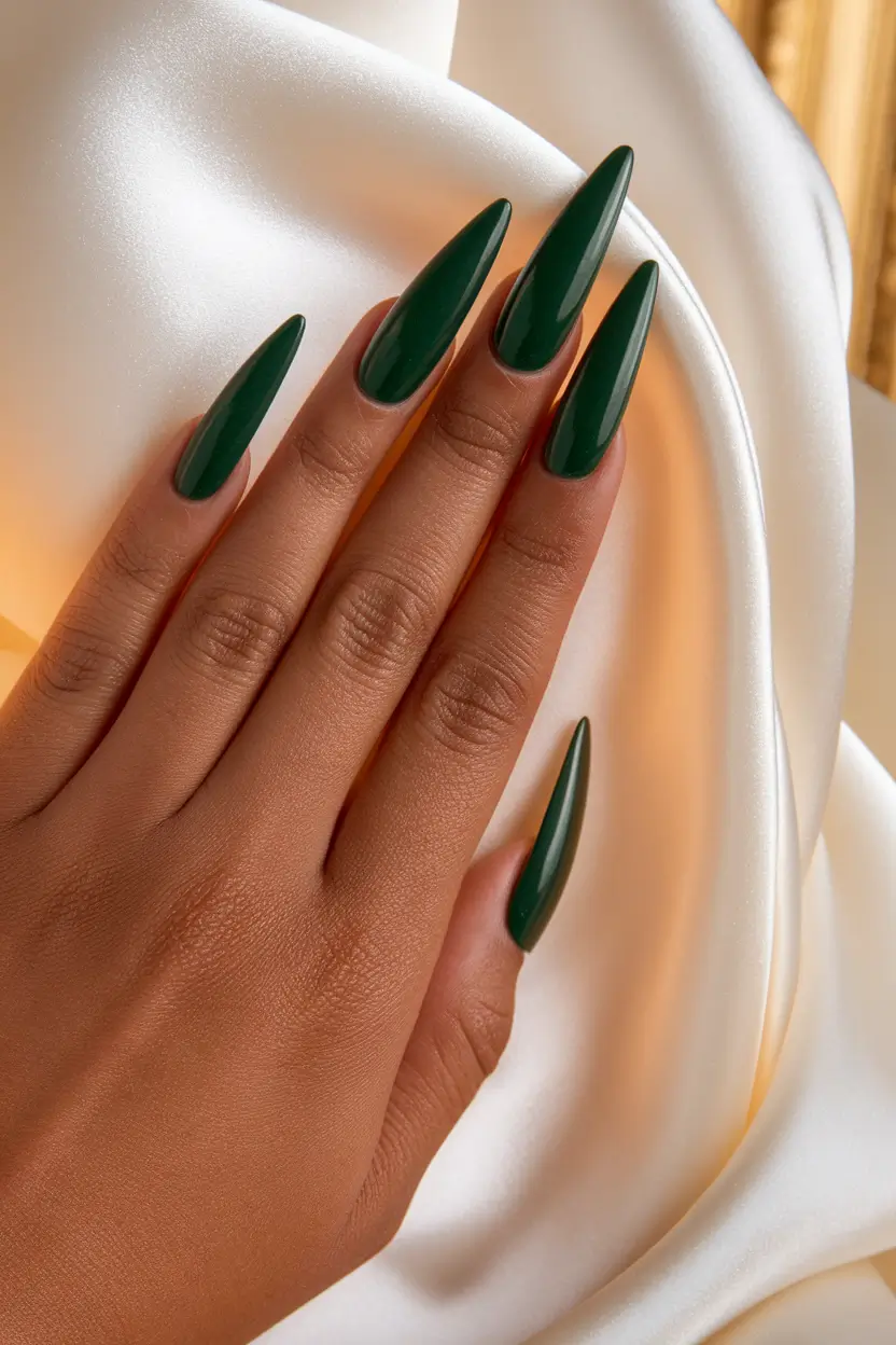 september nails color ideas 2025 forest green stiletto
