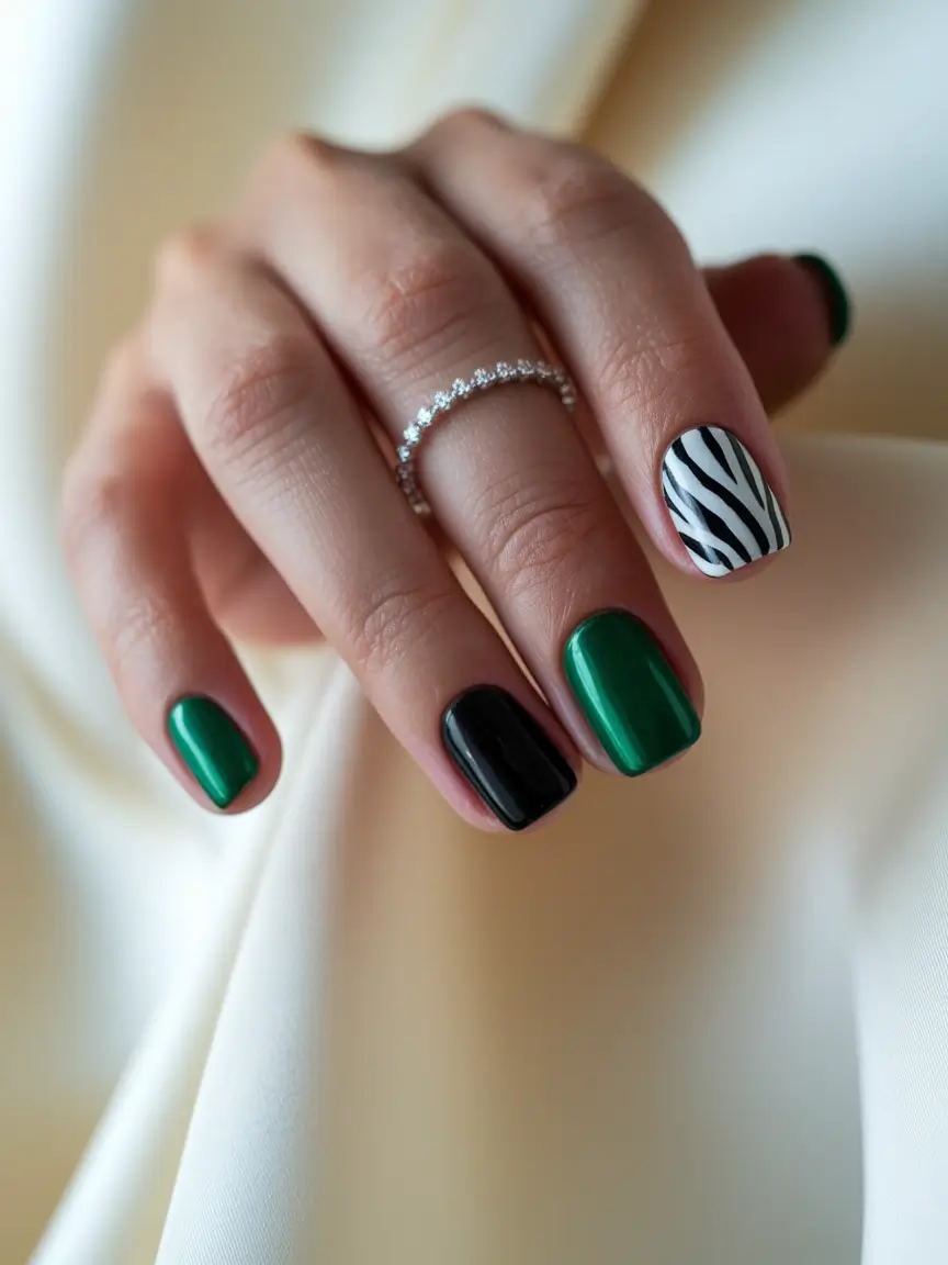 september nails color ideas 2025 zebra emerald black short square
