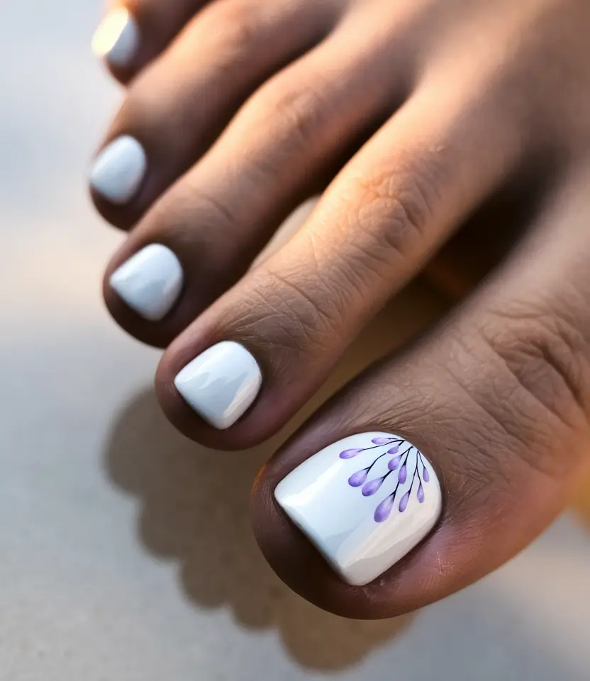 September toe nails ideas 2025 Crisp White with Lavender Petal Detail