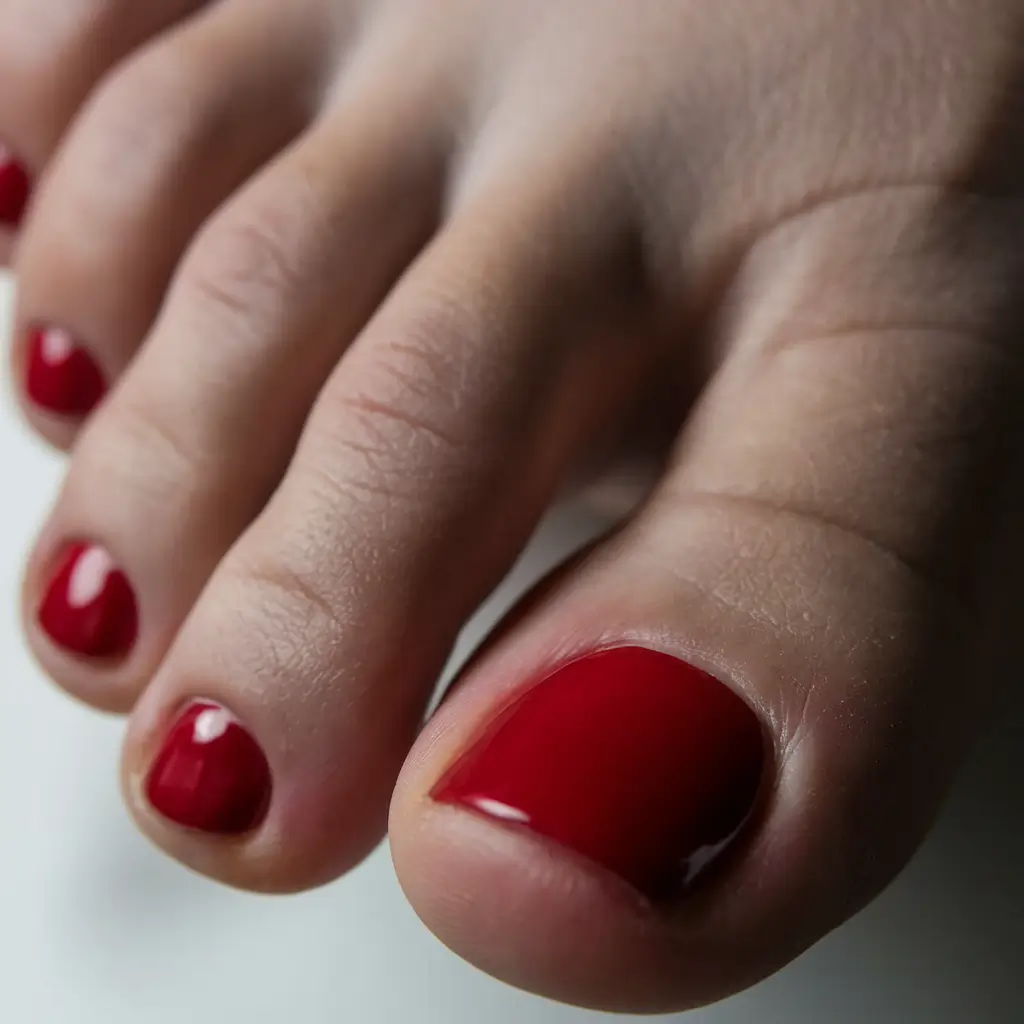 September toe nails ideas 2025 Classic Candy Apple Red