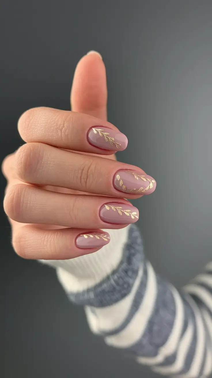 Simple fall nails autumn Soft Mauve with Golden Branches