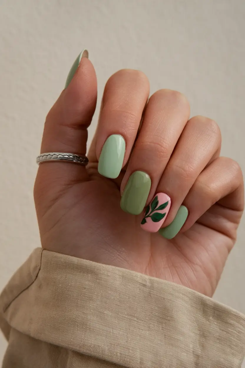 Simple fall nails autumn Fresh Green with Leaf Accent