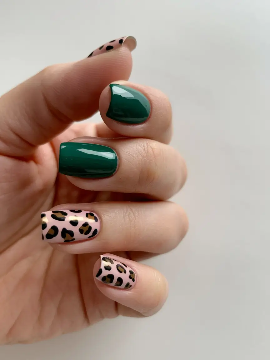 Simple fall nails autumn Green & Leopard Short Mix