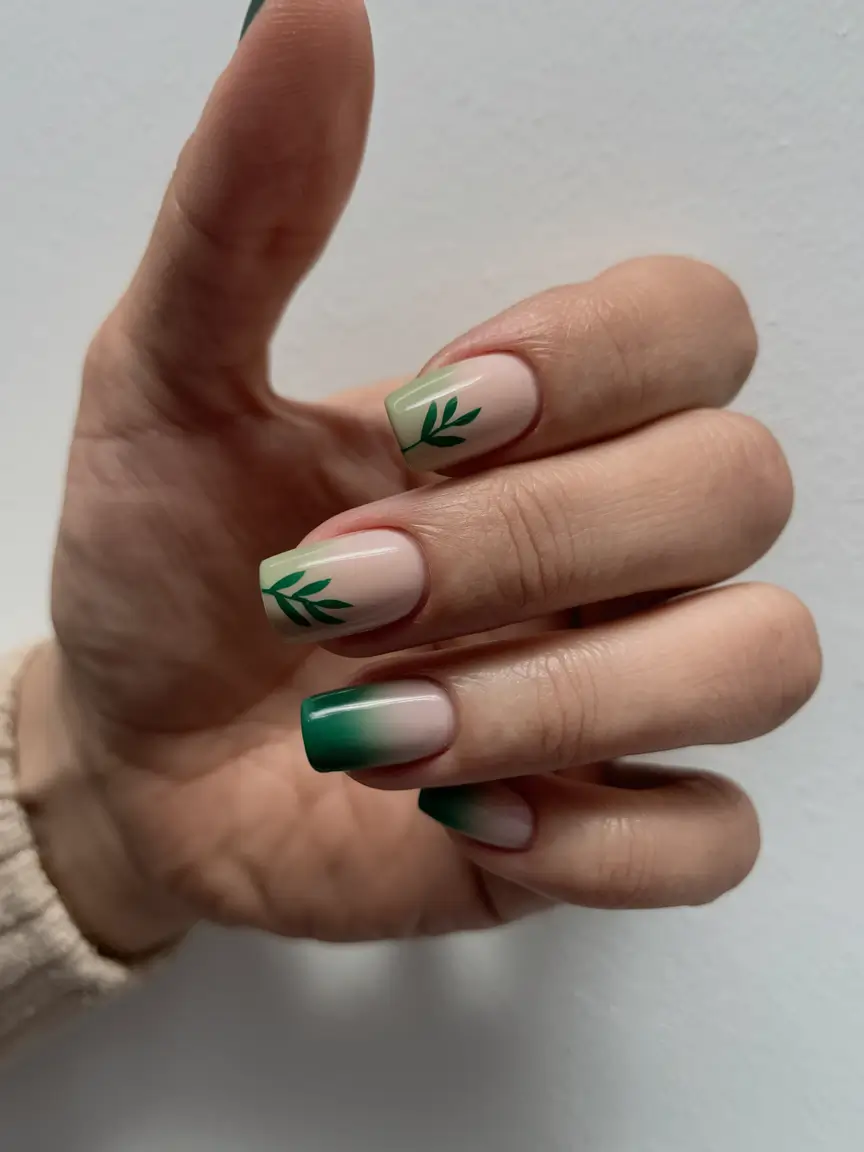 Simple fall nails autumn Green Ombre with Leaf Detail