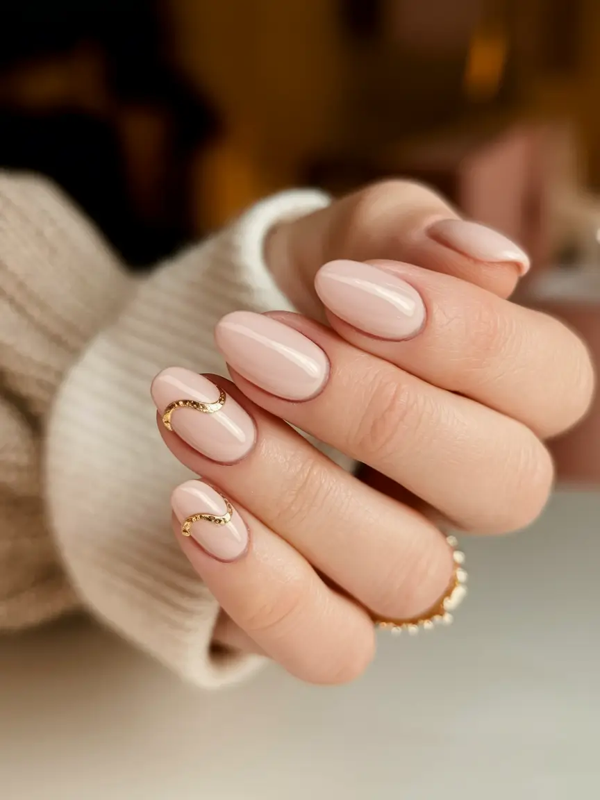 Simple fall nails autumn Soft Nude with Golden Wave
