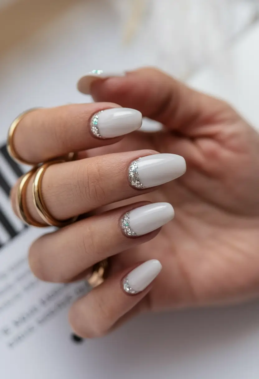 Simple fall nails autumn Frosted White with Sparkling Accents