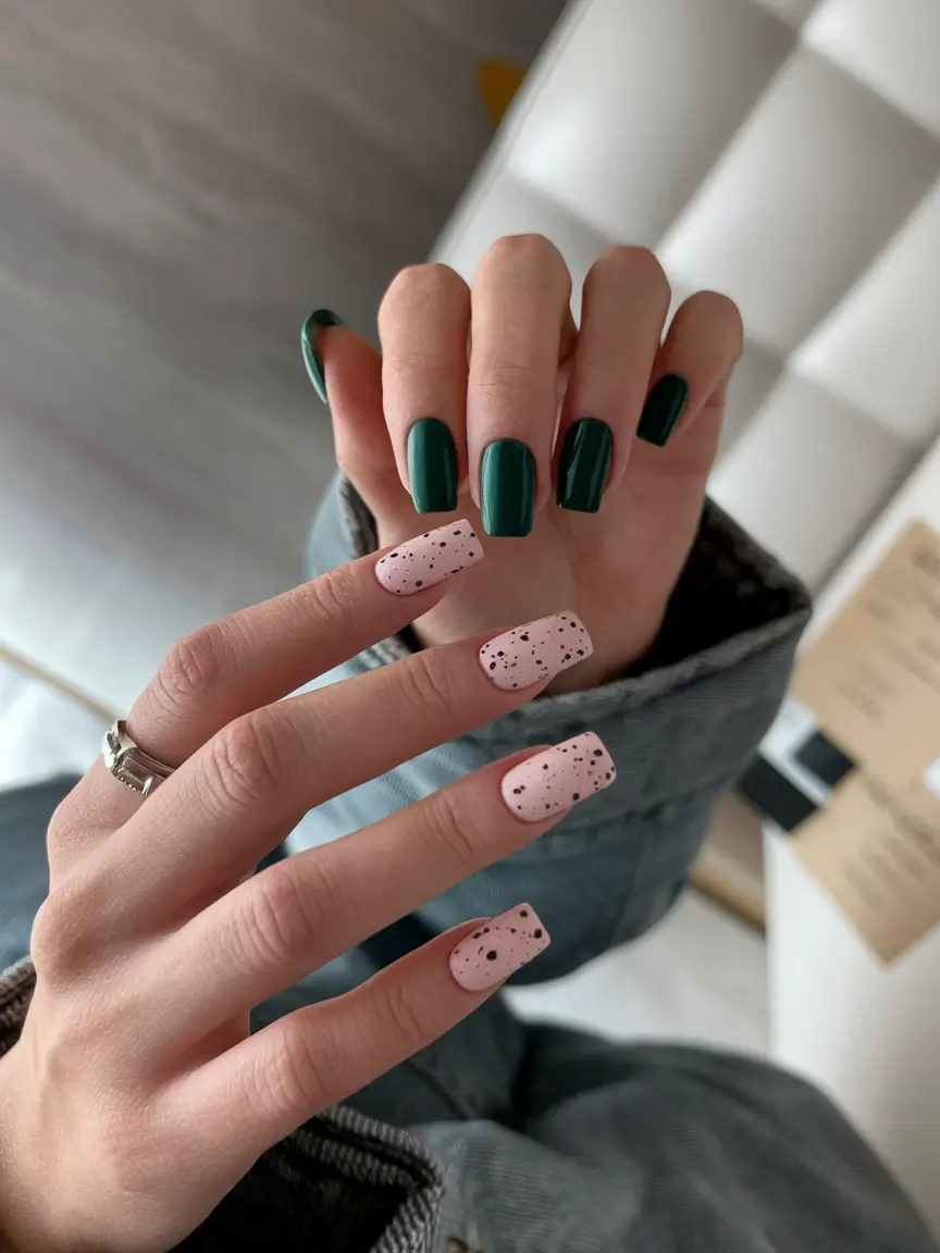 Simple fall nails autumn Forest Green Meets Speckled Pink