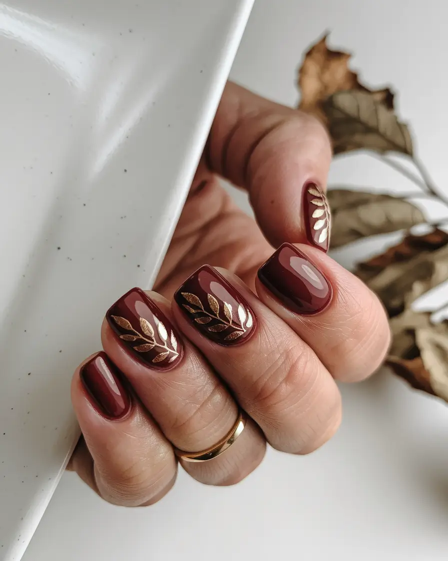 Simple fall nails autumn Golden Leaf Accents on Deep Red