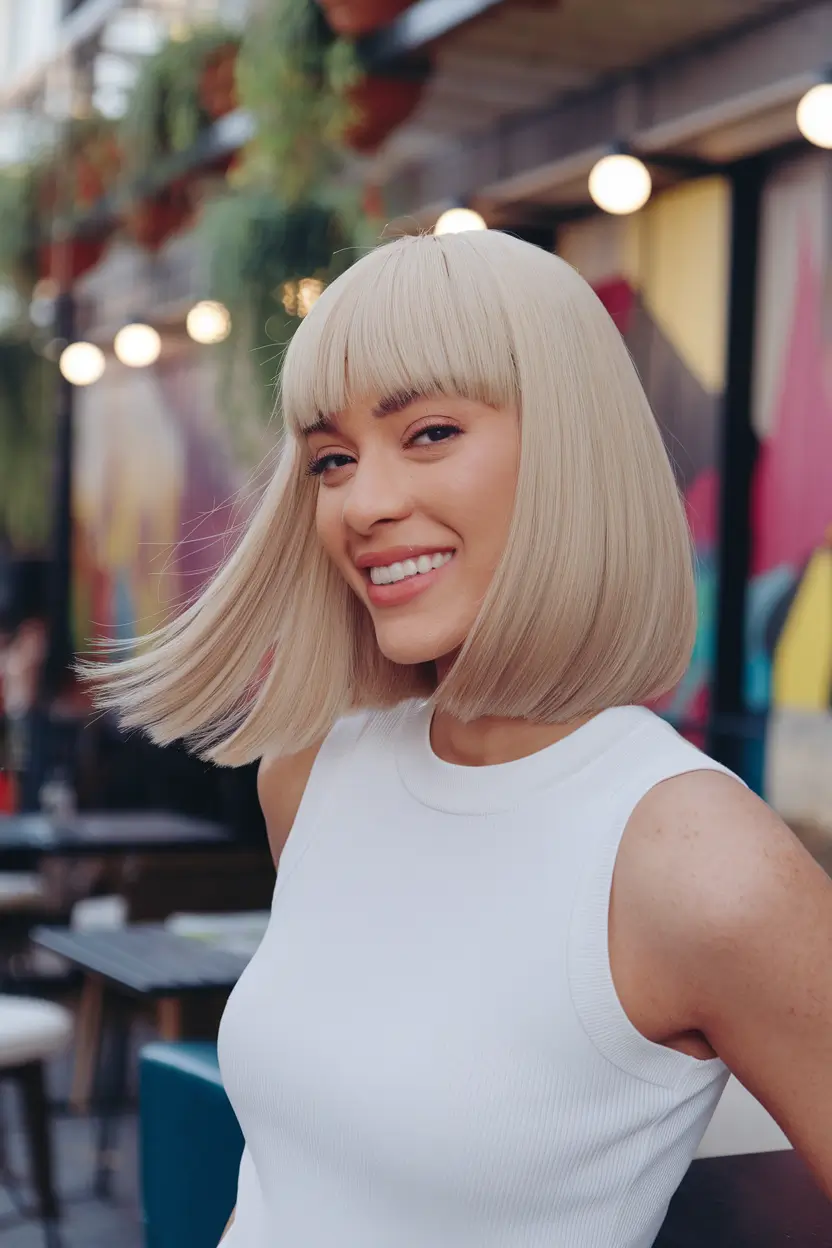 short fall haircut with bangs Platinum Sleek Bob with Polished Bangs