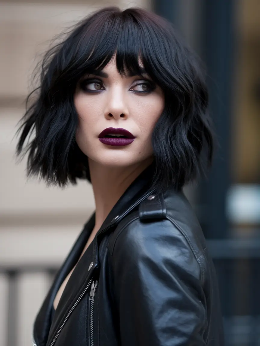 cute fall haircut with bangs Textured Black Bob with Tousled Bangs