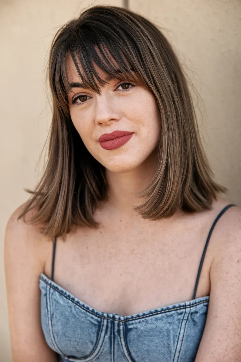 fall haircut wispy bangs Soft Brunette Bob with Wispy Bangs
