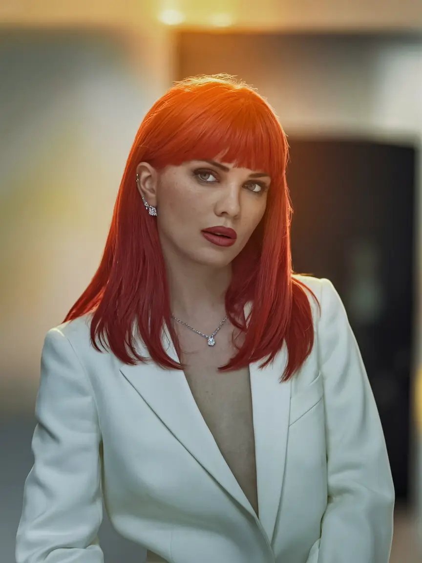 fall haircut with bangs Fiery Red Sleek Layers with Blunt Bangs