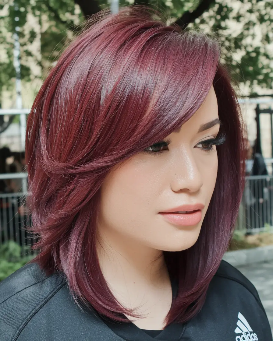 fall haircut long bangs Layered Shoulder Cut in Rich Berry Tones