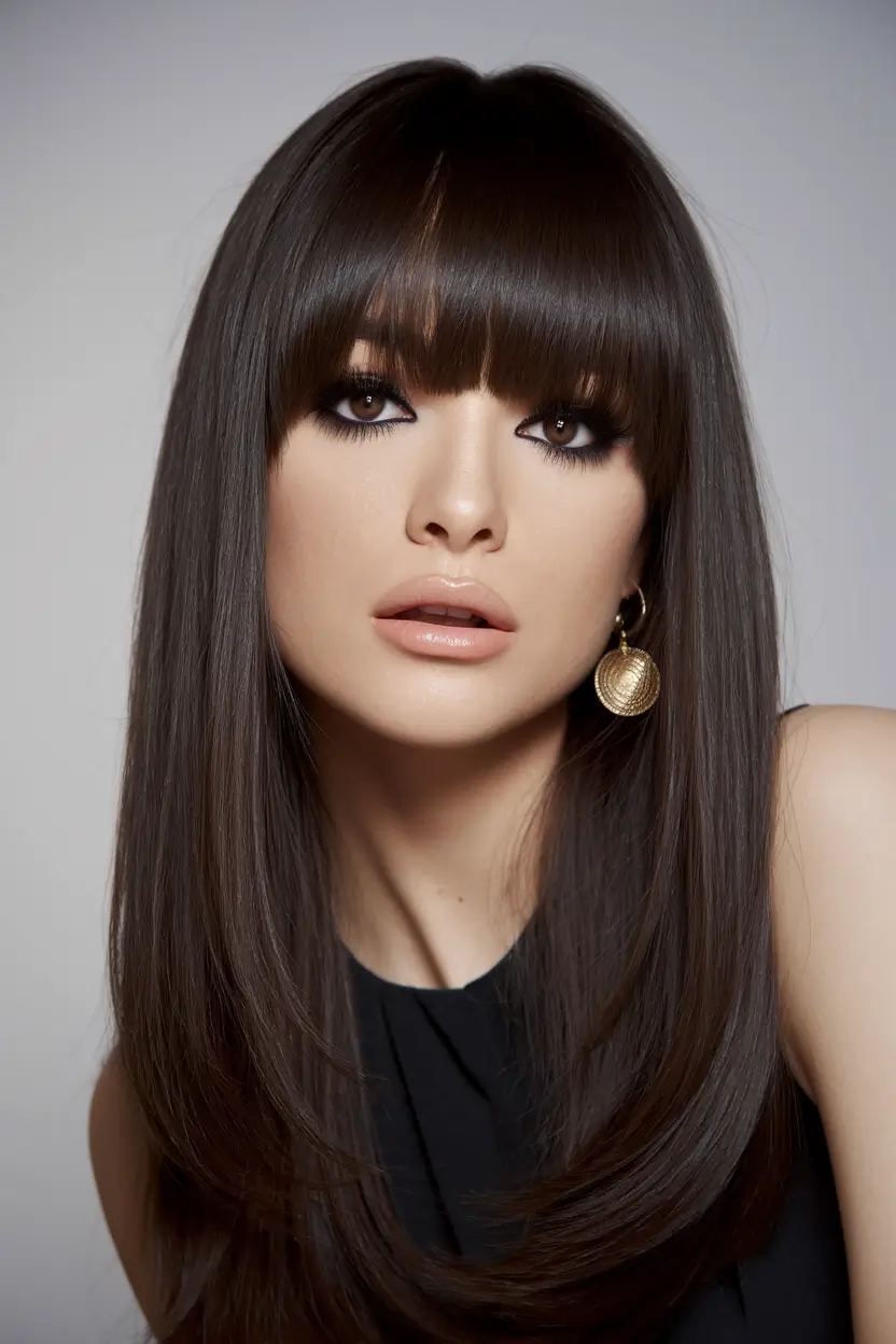 fall haircut with bangs Full Glossy Fringe on Sleek Long Hair