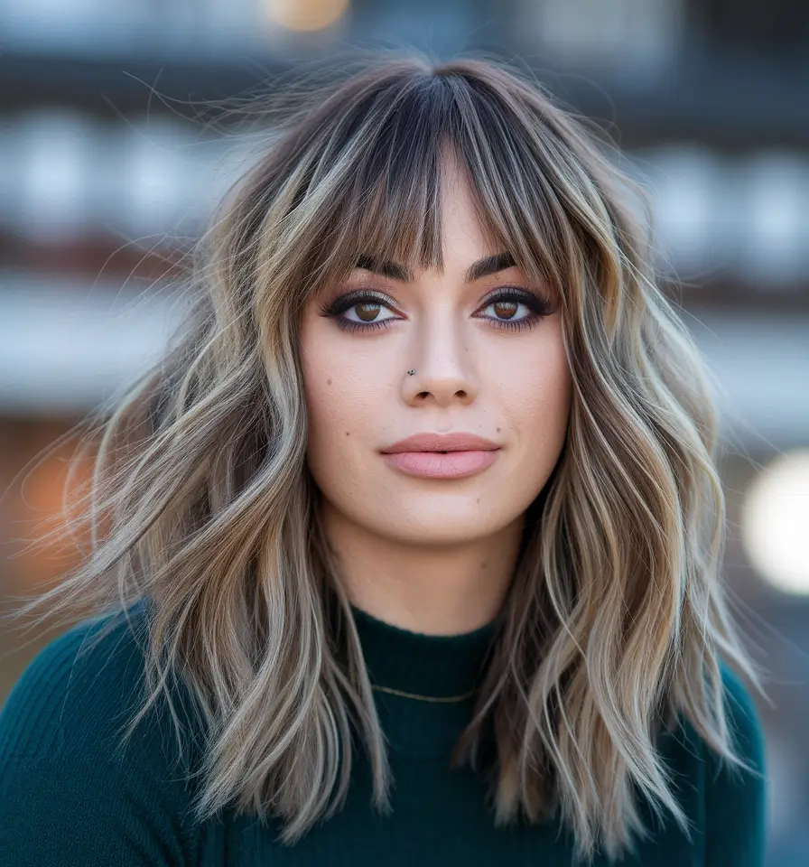 fall haircut curtain bangs Textured Lob with Wispy Curtain Bangs