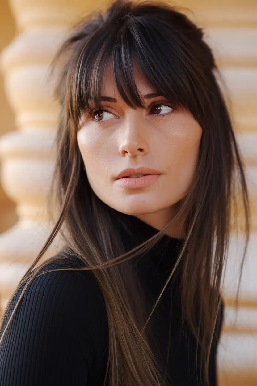 fall haircut with bangs Half-Up Style with Relaxed Straight Bangs