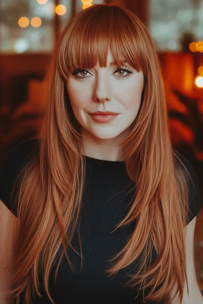 fall haircut long bangs Long Copper Hair with Heavy Blunt Bangs