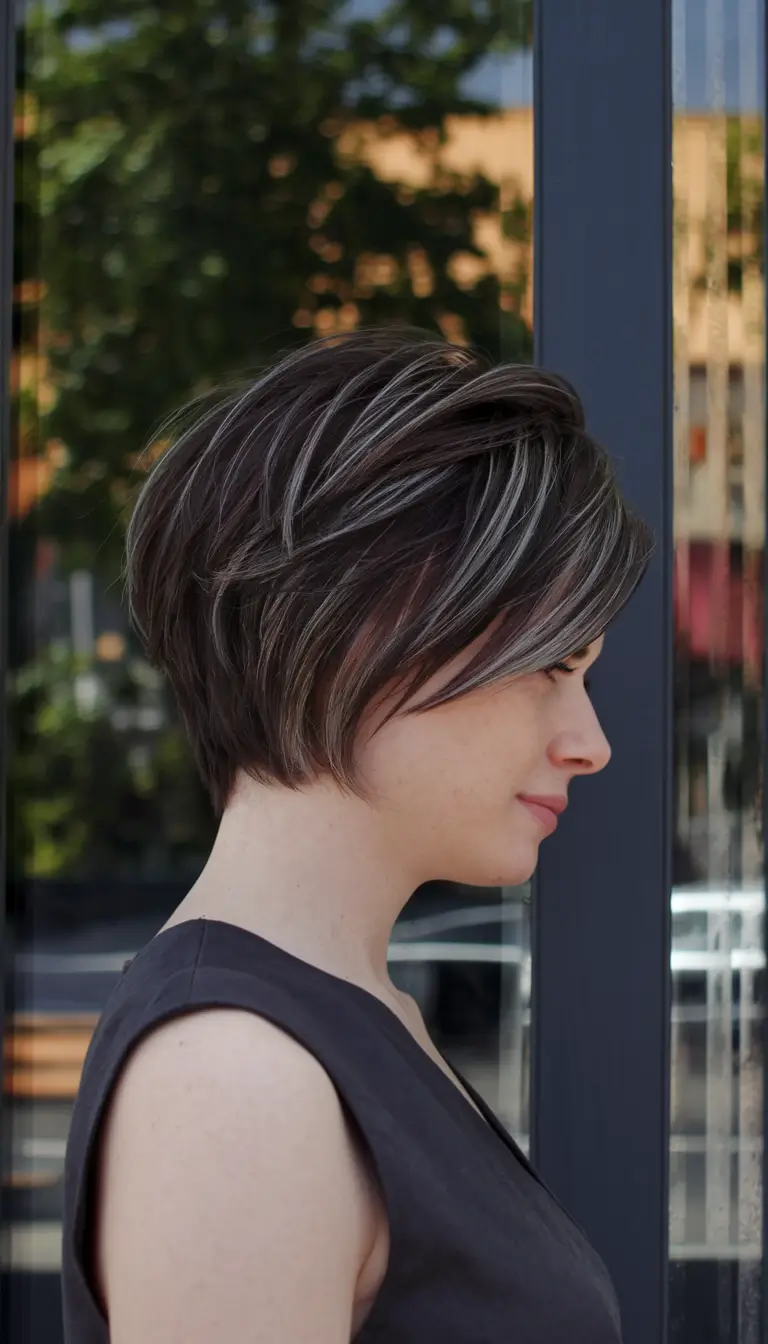 fall pixie haircut Layered Pixie Bob with Ash Highlights