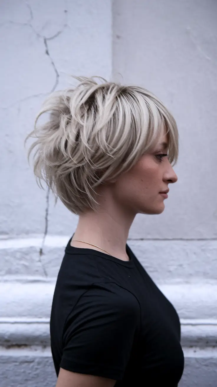fall pixie haircut Layered Platinum Pixie Bob